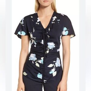 LEWIT Ruched Floral Stretch Silk Blouse Size M